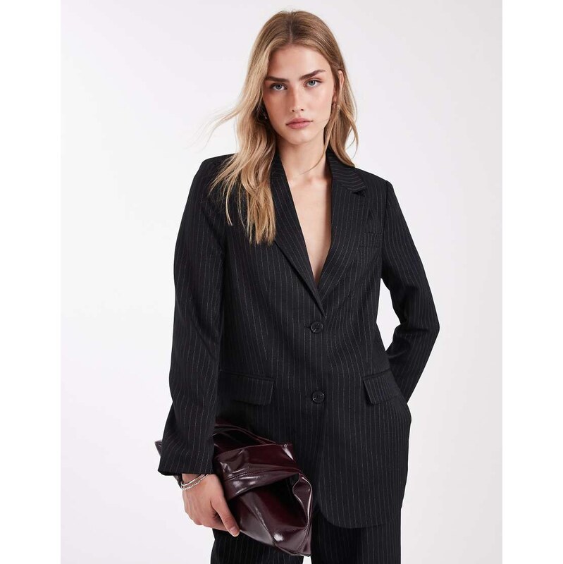ONLY single breasted oversized blazer co-ord in black pinstripes 108944081