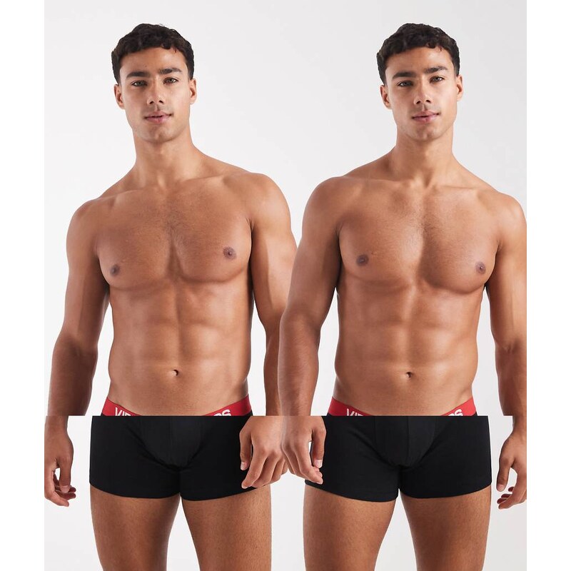 ASOS DESIGN 2 pack trunks with red waistband in black 108944101