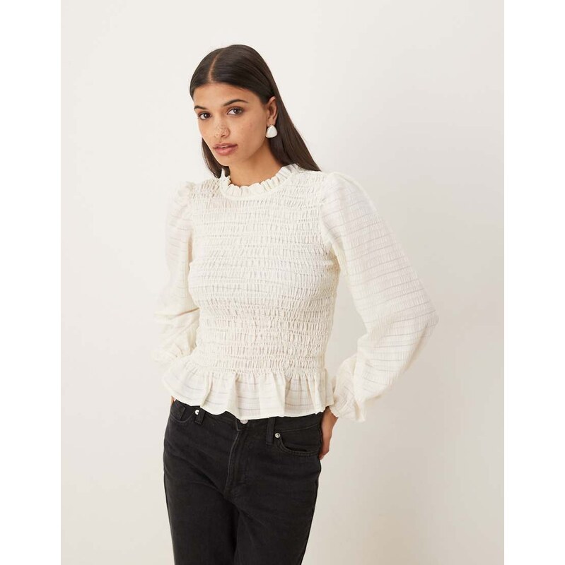 JDY textured long sleeve top in white 108944159