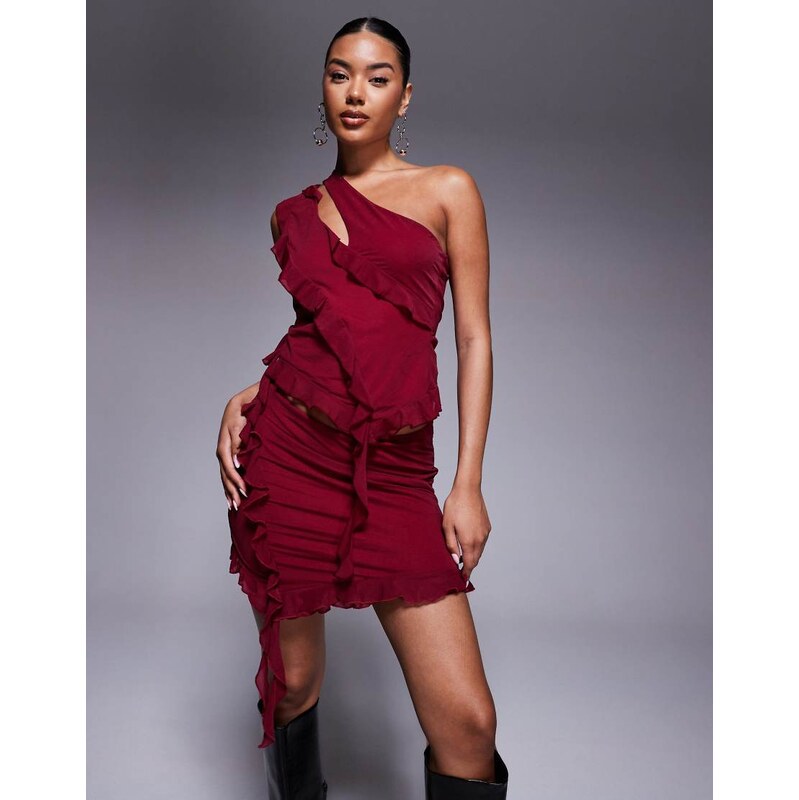 ASOS DESIGN co-ord mesh asymmetric ruffle mini skirt in burgundy