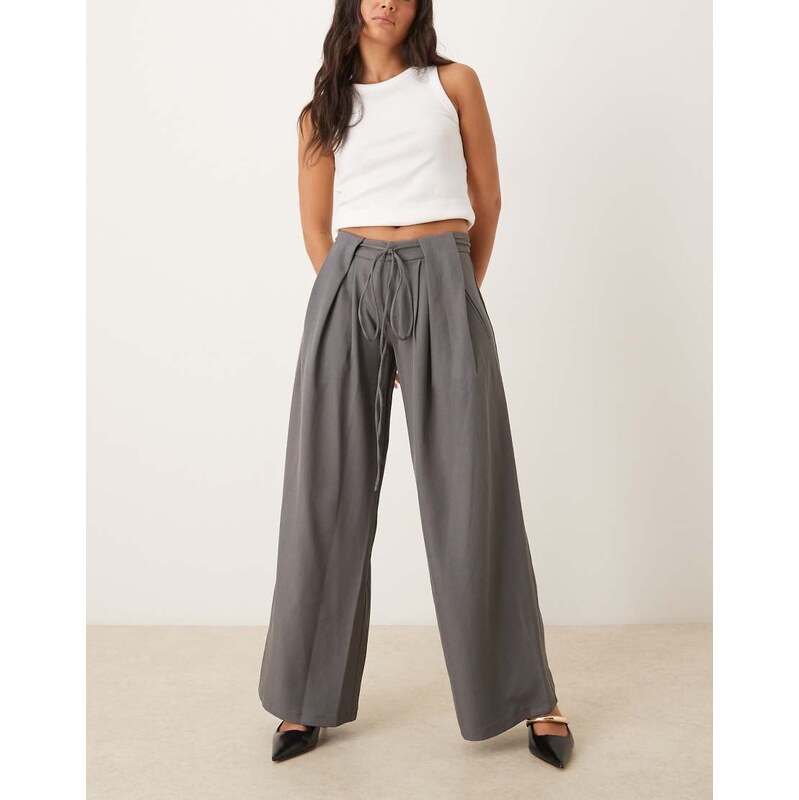 Motel Rivela tie waist wide leg tailored trousers in grey 115531874