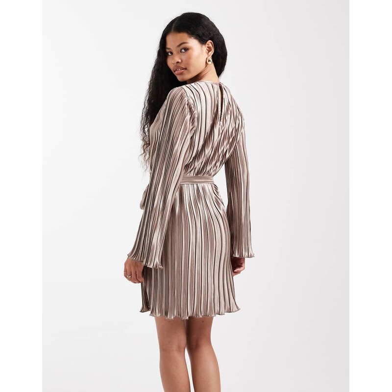 Vero Moda Petite tie waist plisse mini dress in gold