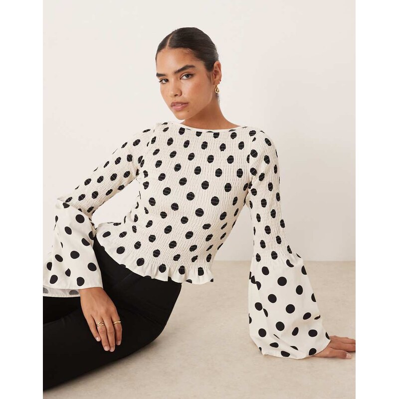 ASOS DESIGN shirred bodice long sleeve in cream polka dot-White