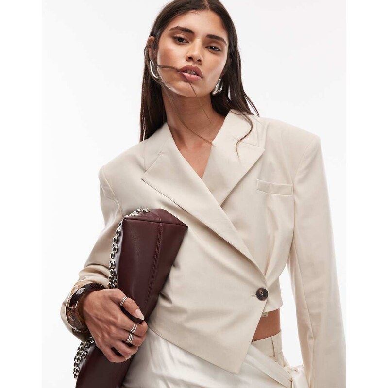 ASOS DESIGN asymmetric blouson blazer co ord in stone-Neutral