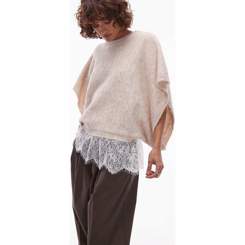 ASOS DESIGN wool blend knitted cape with lace trim in ecru-White 109187344