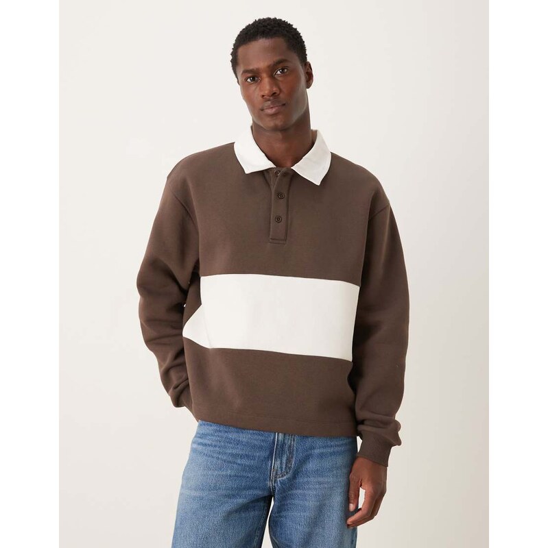 ASOS DESIGN relaxed boxy fit rugby polo sweatshirt in brown