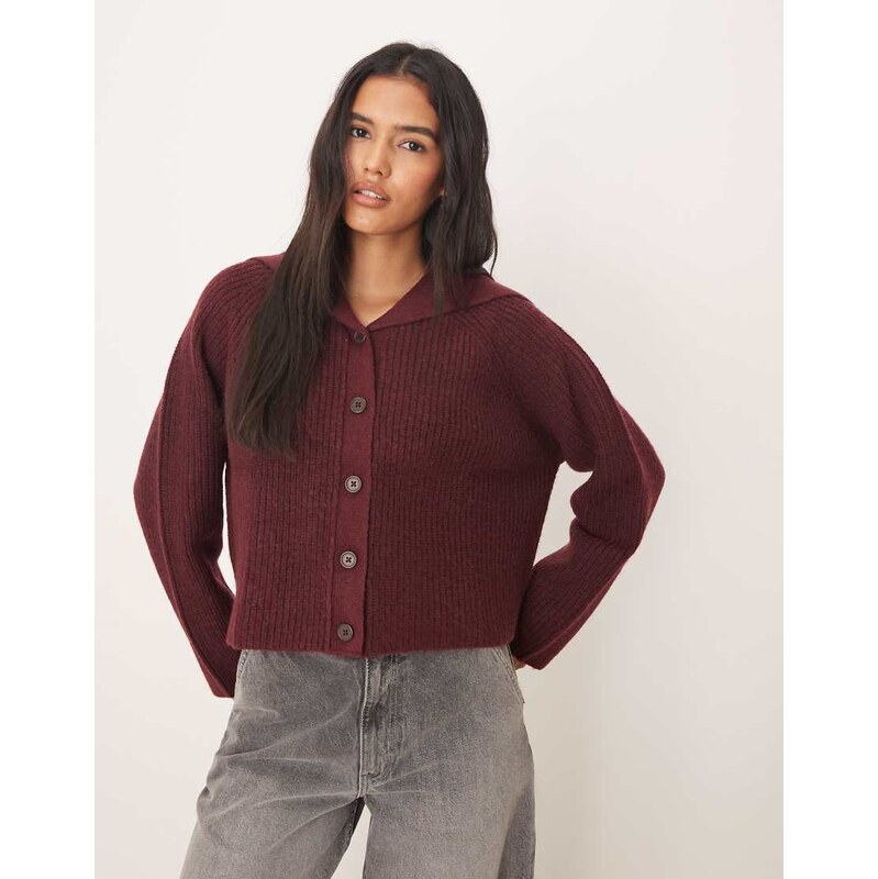 ASOS DESIGN sailor collar fisherman rib cardigan in burgundy-Red