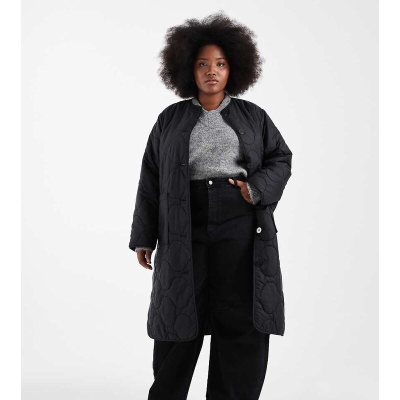 ONLY Curve quilted long coat in black