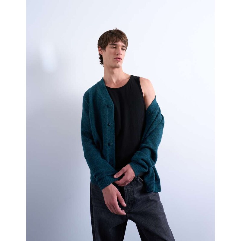 Topman oversized v neck cardigan in dark green
