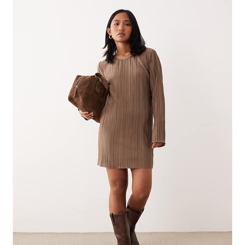 JDY Petite plisse flute sleeves mini dress in light brown 108944120