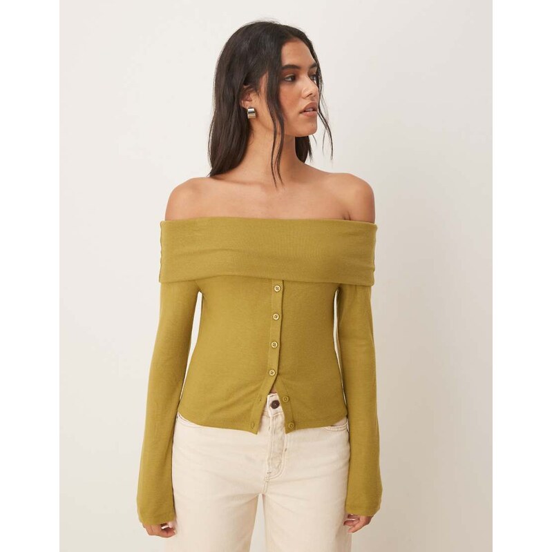 ASOS DESIGN off shoulder button down top in olive-Green