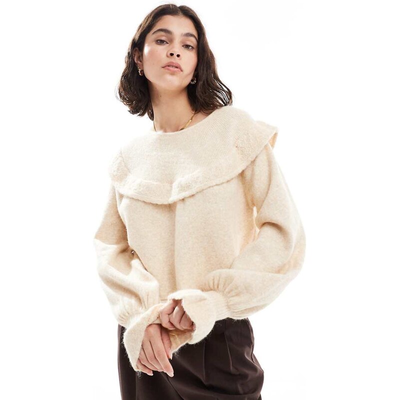 Miss Selfridge frill collar balloon sleeve jumper in cream-Neutral 112752293