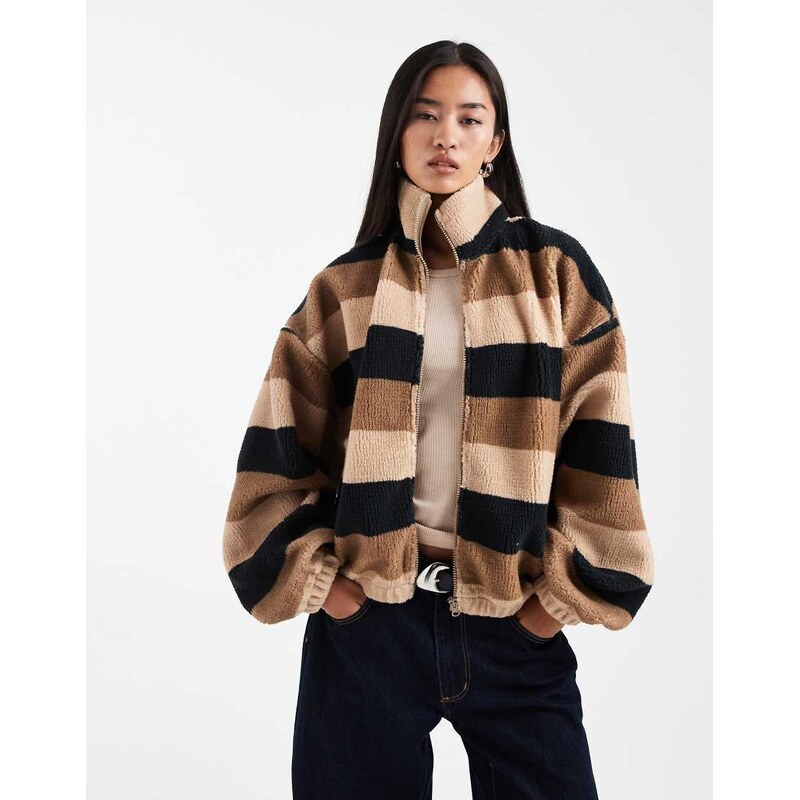 COLLUSION stripe borg fleece zip through top in brown