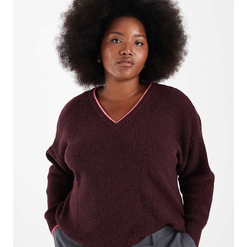 ONLY Curve contrast stitch jumper in burgundy-Red 108944320