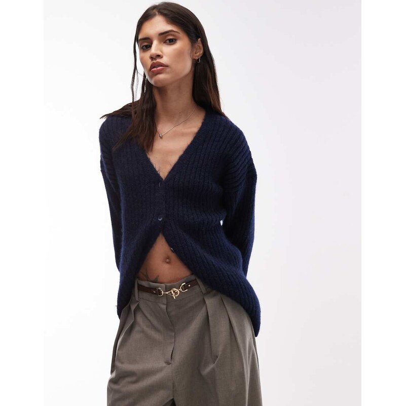 ASOS DESIGN knitted slouchy cardigan with wool in navy-Green 115735085