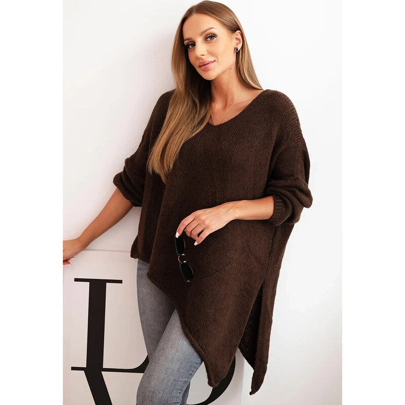 Kesi Włoski Asymetrický dámský tmavě hnědý plus size svetr s výstřihem 108842554