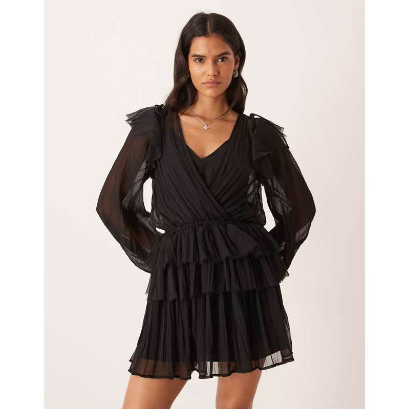 ASOS DESIGN v neck smock mini dress with ruffles in black