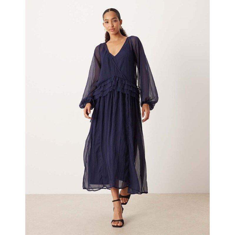 ASOS DESIGN v neck smock midi dress with ruffles in deep navy-Multi