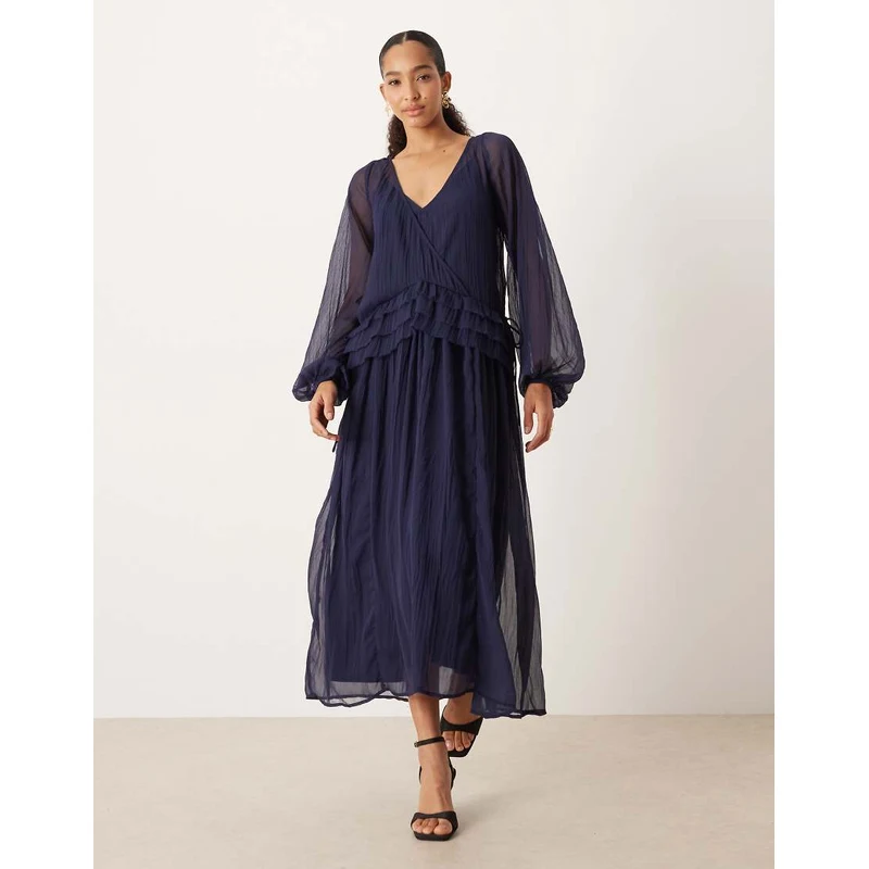 asos design ruffle wrap midi dress ASOS DESIGN Bridesmaid flutter sleeve embellished wrap midi dress with embroidery in apricot