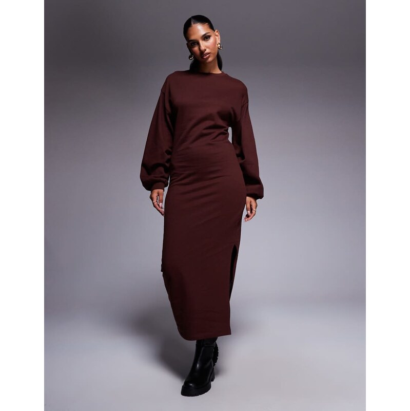 ASOS DESIGN cotton balloon sleeve midi sweat dress in chocolate-Brown