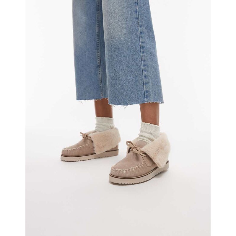 Bronx fluffy detail lace up loafers in suede oatmilk-Black 109347075