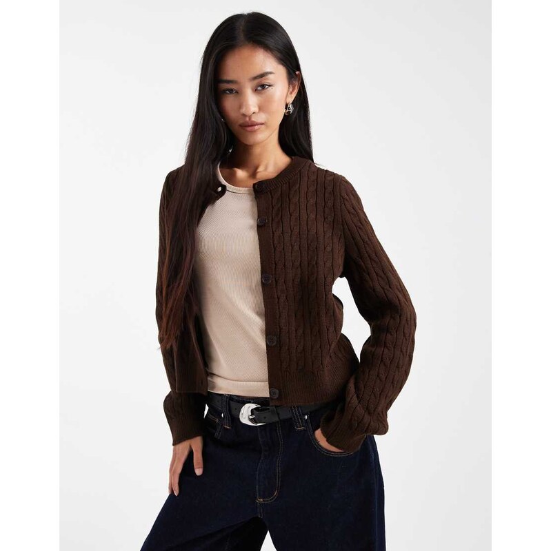 Miss Selfridge cable knit crew neck cardigan in chocolate-Brown