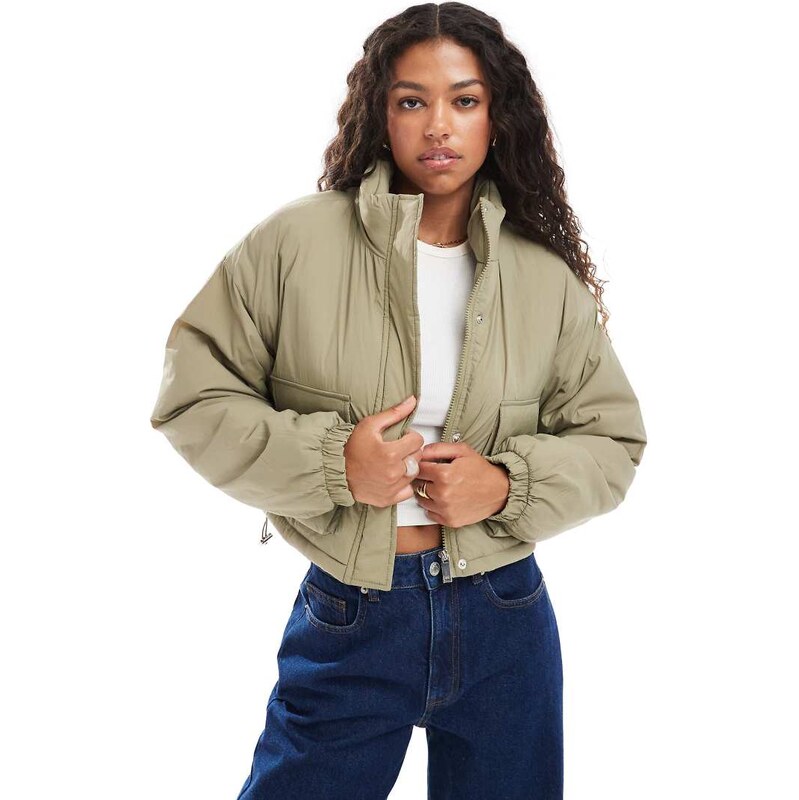 Brave Soul funnel neck short padded jacket with pockets in sage green 108953599