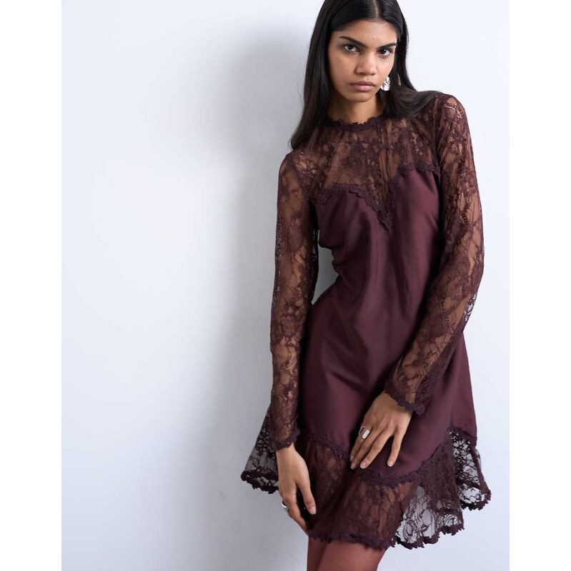 Topshop lace sleeve flippy hem mini dress in port royale-Red