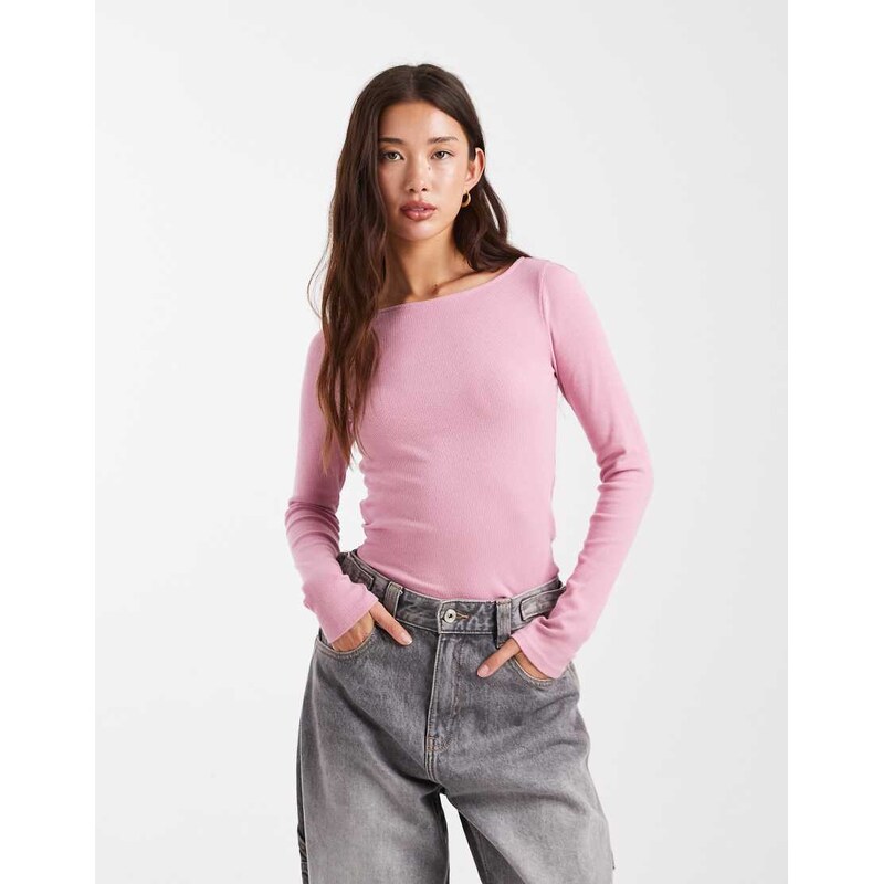 Hollister long sleeve slash neck ribbed top in pink