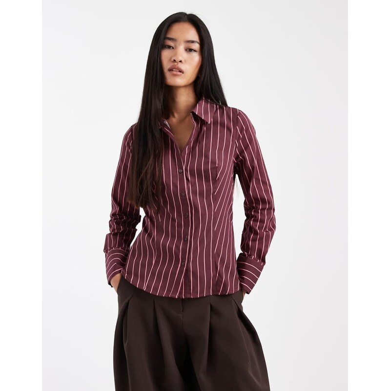Miss Selfridge poplin fitted shirt in fig pinstripe-Multi 115516813
