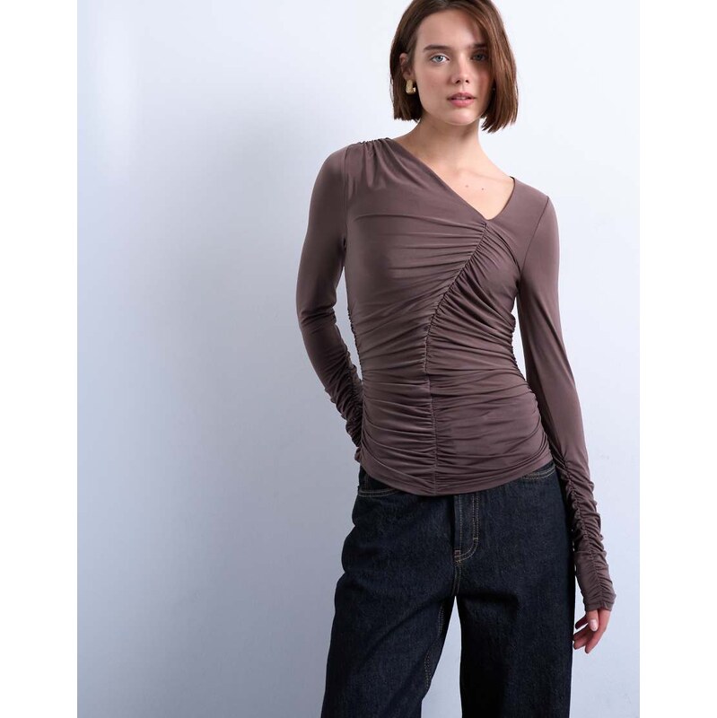 Topshop asymmetric ruched long sleeve top in brown 108958306