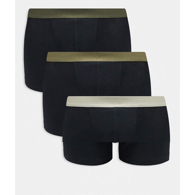 ASOS DESIGN 3 pack trunks with khaki waistbands in black 108958385