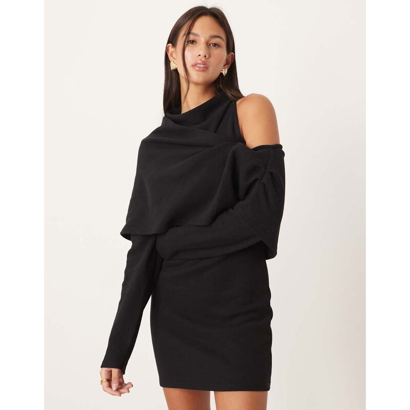 ASOS DESIGN supersoft slash neck draped overlay mini dress in black-Grey