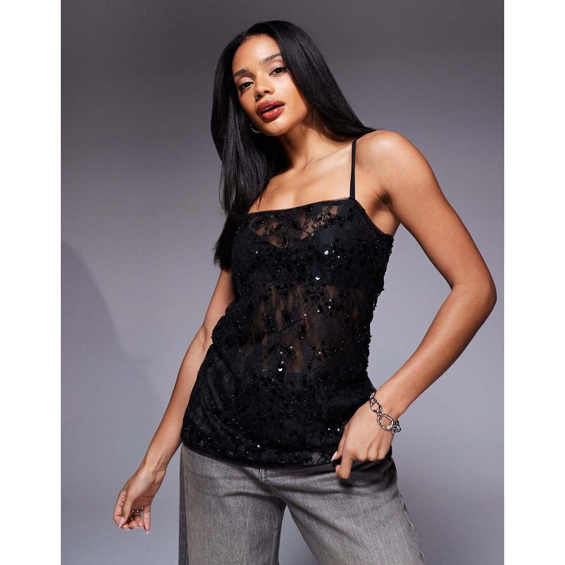 ASOS DESIGN sheer lace embellished cami top in black