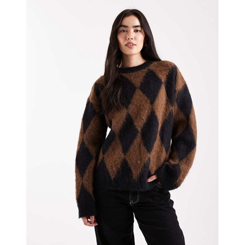 Daisy Street oversized jumper in brown and black diamond print-Multi 108958564