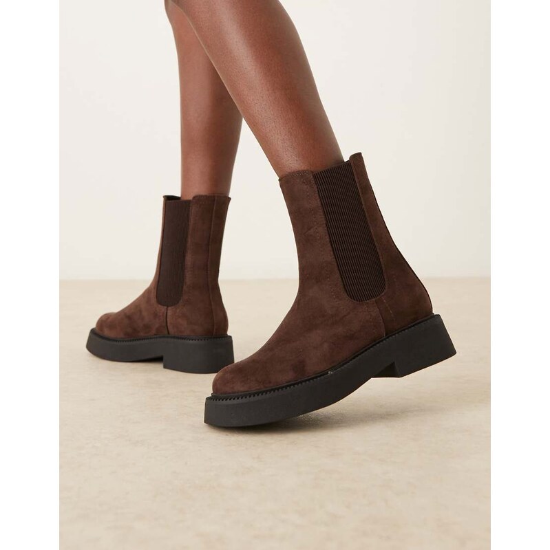 ASOS DESIGN Andy flat chunky chelsea boots in chocolate suedette