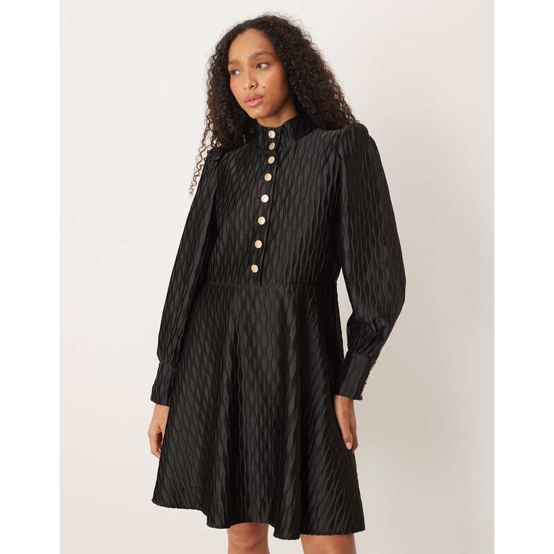 YAS high neck satin mini dress with button front in black