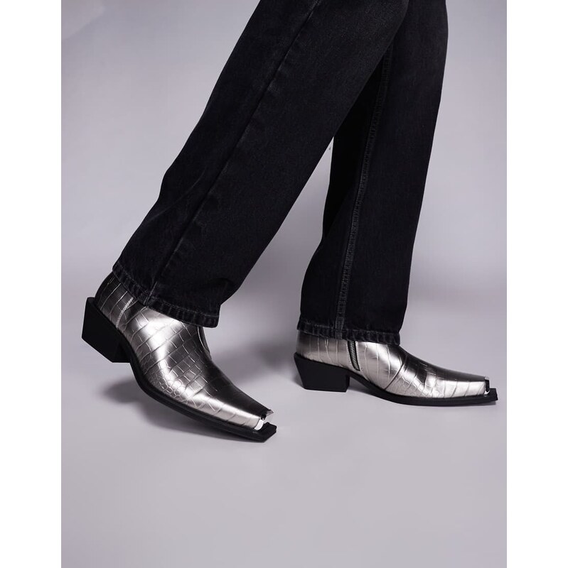 ASOS DESIGN cuban heel chelsea boots in silver faux croc