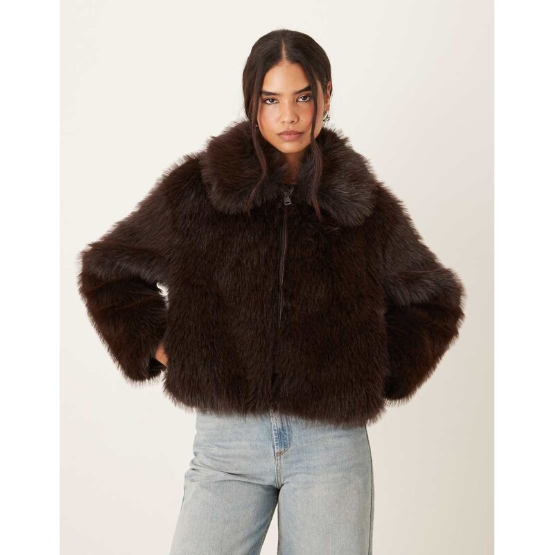 Mango short zip through faux fur jacket in brown