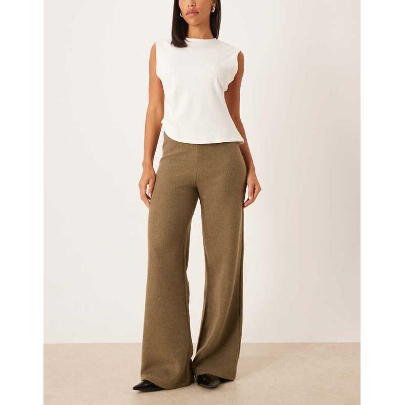 ASOS DESIGN wide leg supersoft mid rise trousers co ord in olive-Green 108972497