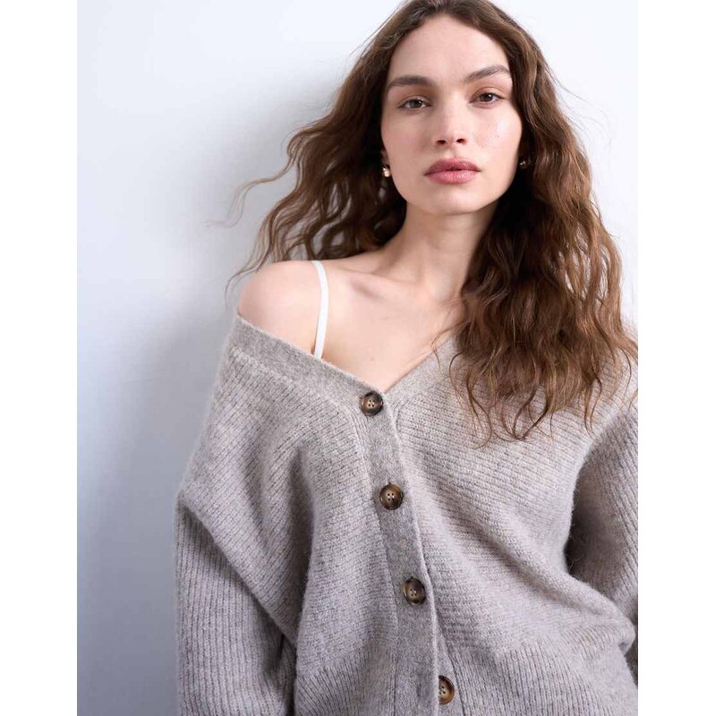 Topshop knitted v neck slouchy cardigan in oat-Neutral 108958280