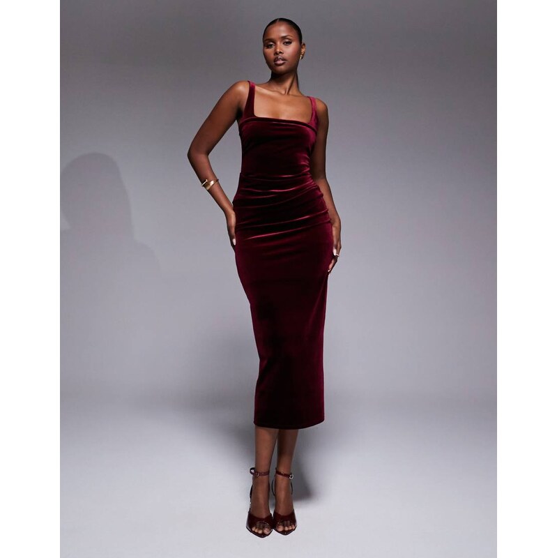 ASOS DESIGN velvet curved neckline midi dress in berry red