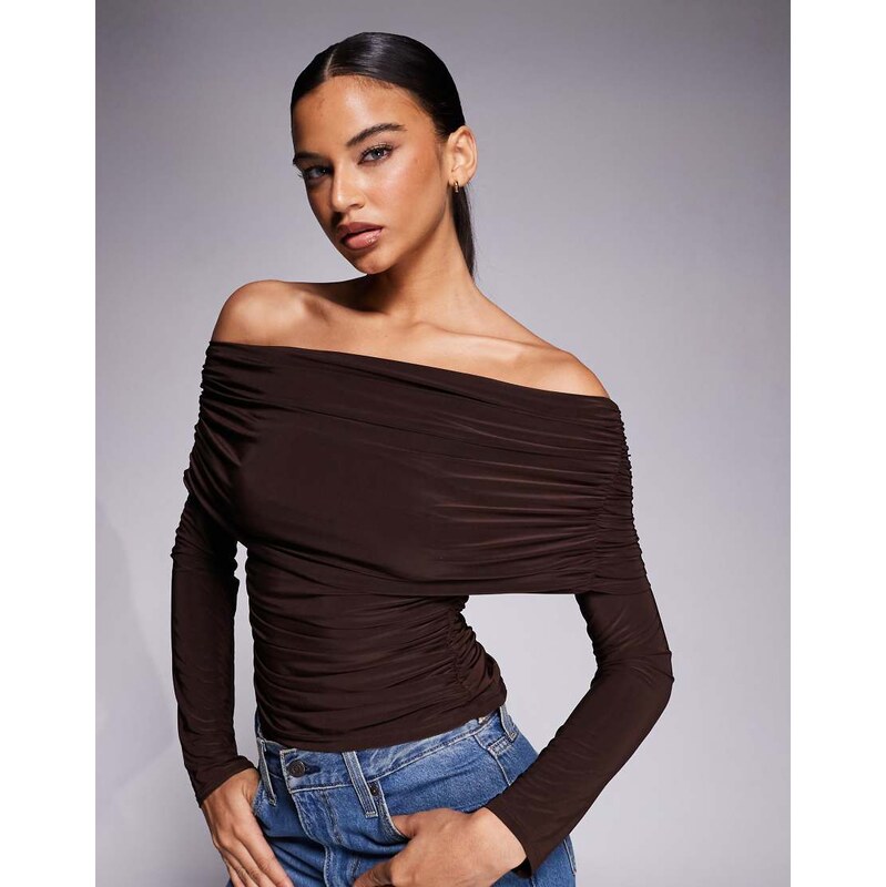 ASOS DESIGN slinky drape bardot long sleeve top in chocolate
