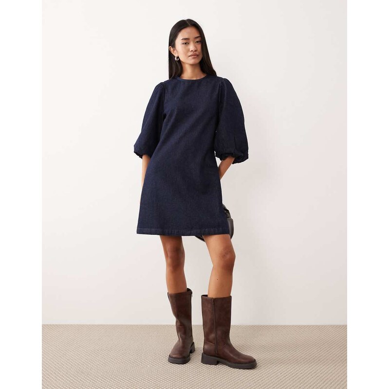 ASOS DESIGN denim mini dress with puff sleeve detail in rinse