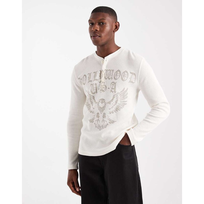 Hollister long sleeve button detail graphic t-shirt in white