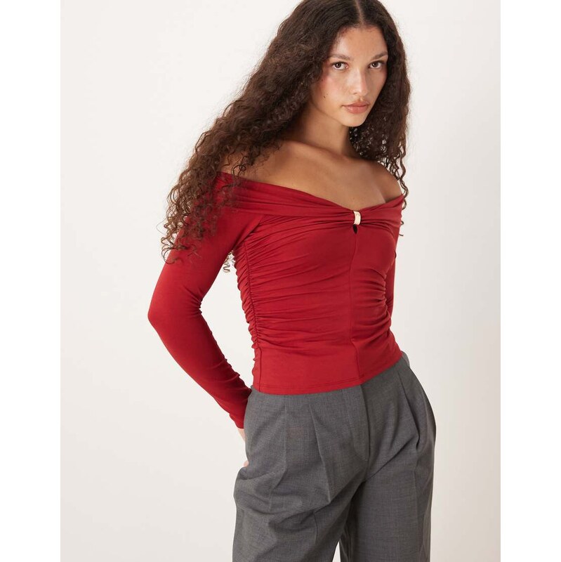 Abercrombie & Fitch off the shoulder long sleeve hardware top in red