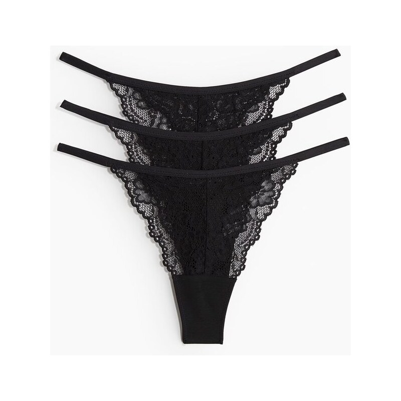 H&M - Krajkové kalhotky tanga thong 3 kusy - Černá