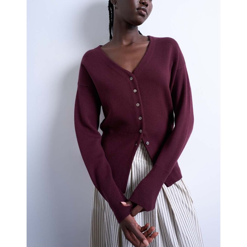 Topshop knitted V neck longline clean cinch waist cardigan in plum-Red 115512263