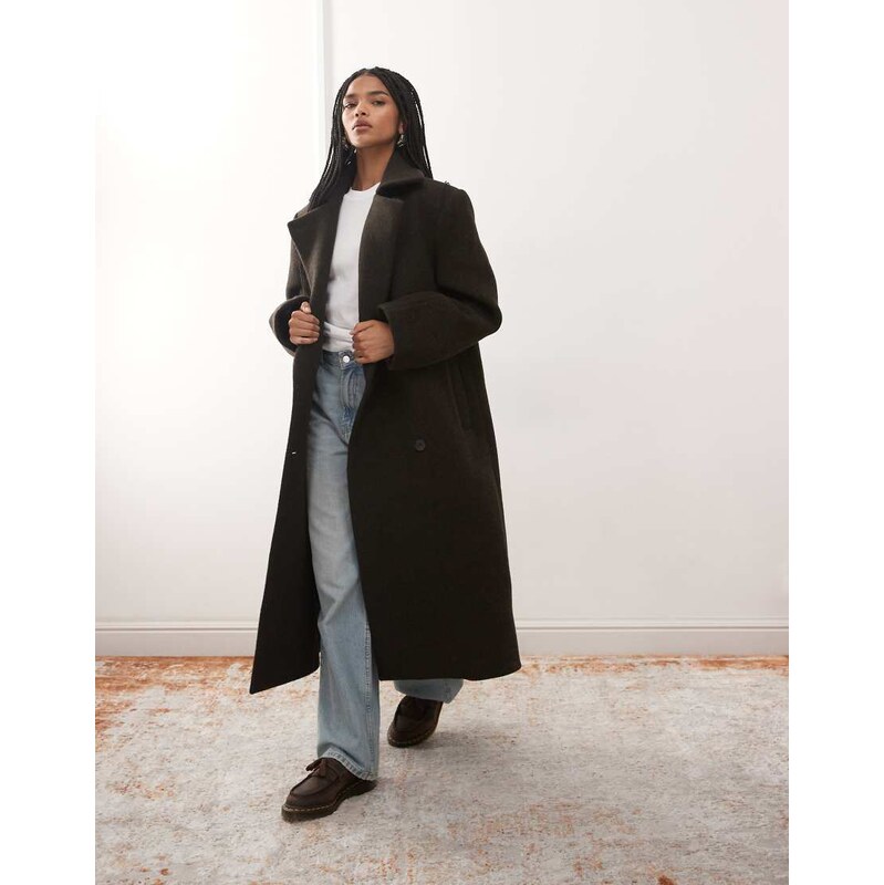 Weekday premium wool blend double breasted coat in dark brown melange 108969702