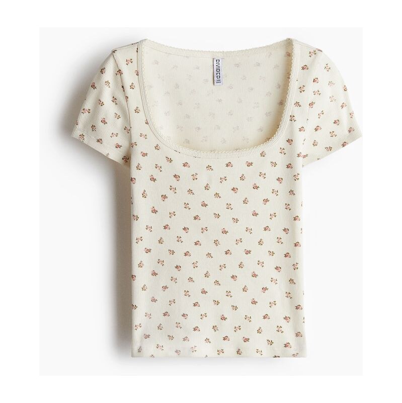 H&M - Žebrované tričkos pikotkovým lemem - Krémová/Květinový